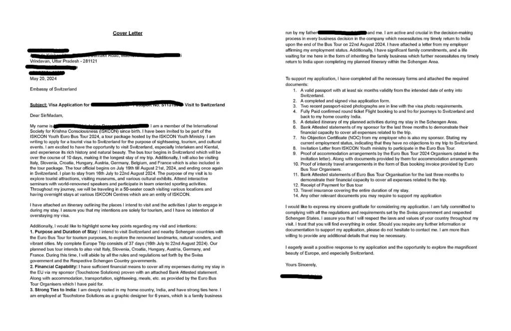 schengen visa cover letter